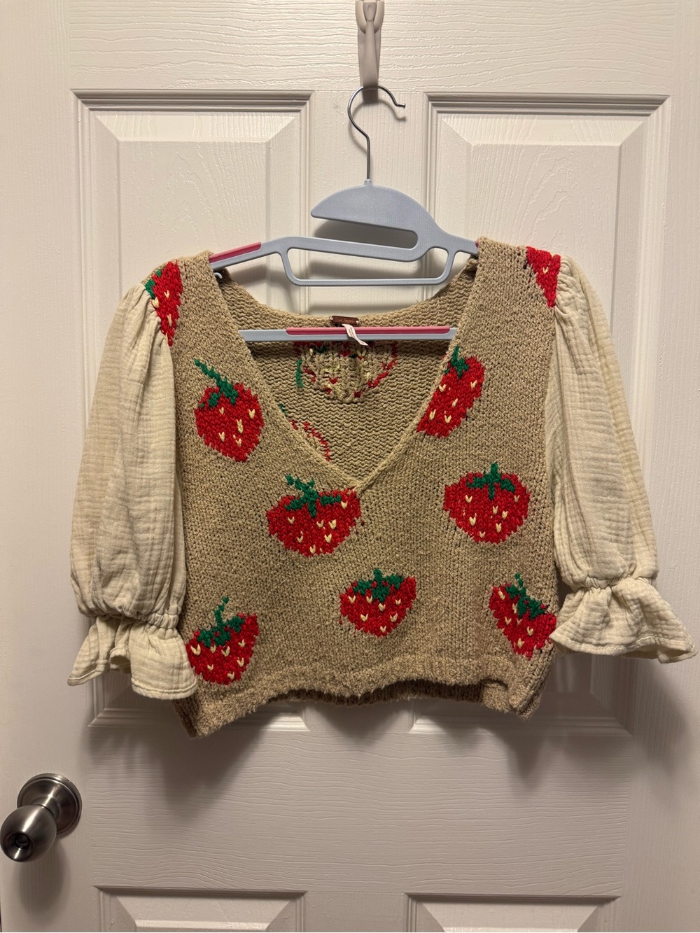 Free People Cream Puff-Sleeve Blouse with Tan Strawberry Knit Vest